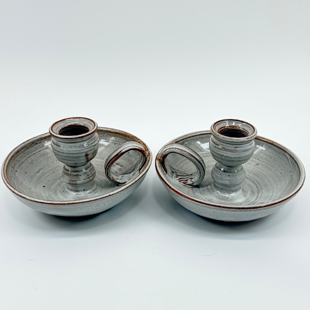 Owens Pottery Seagrove NC Hand Thrown Blue Floral Chamberstick Set of 2